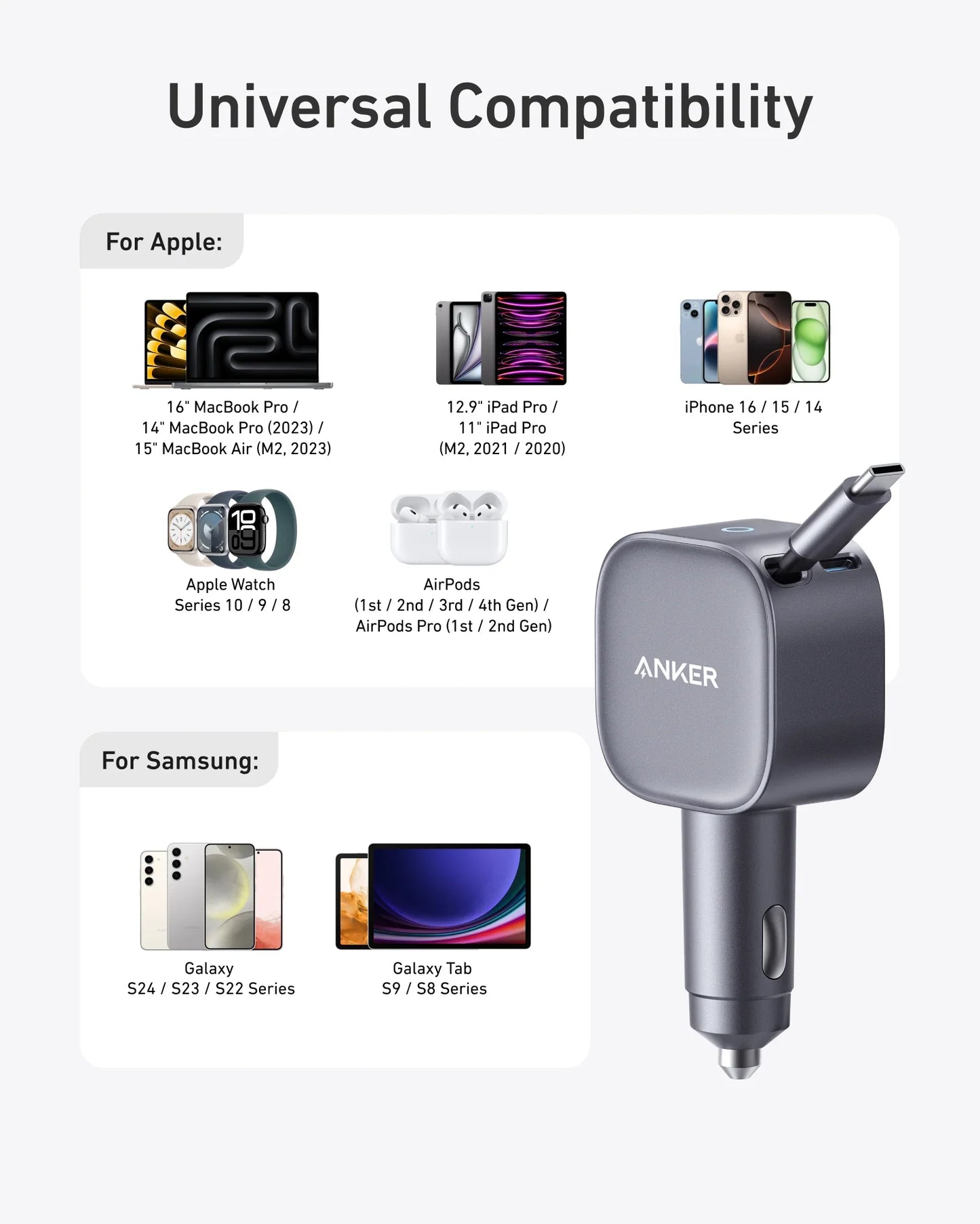 Anker Nano 75W USB-C Car Charger with Built-in Retractable USB-C Cable