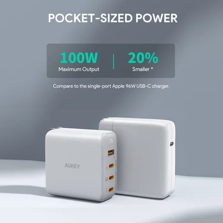 Aukey Omnia II Mis S Wall 100W GaN Charger With 4-Ports 1X Usb-A & 3X Usb-C Ports, US-Pin (PA-B7S)