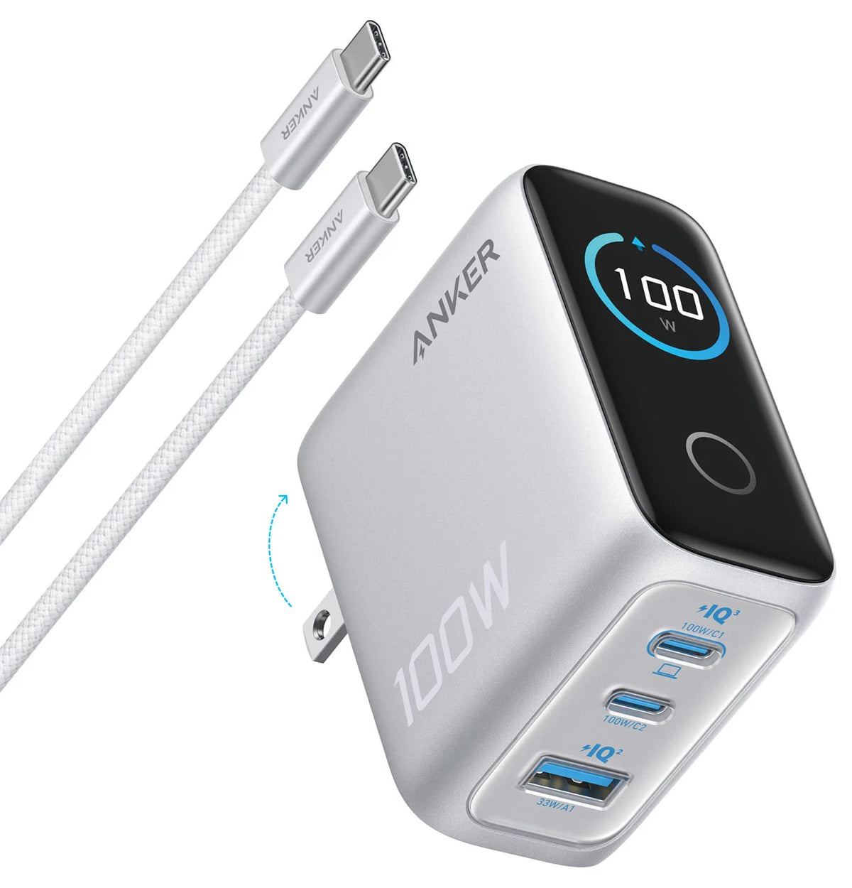 Anker Charger (100W, 3 Ports, Smart Display)