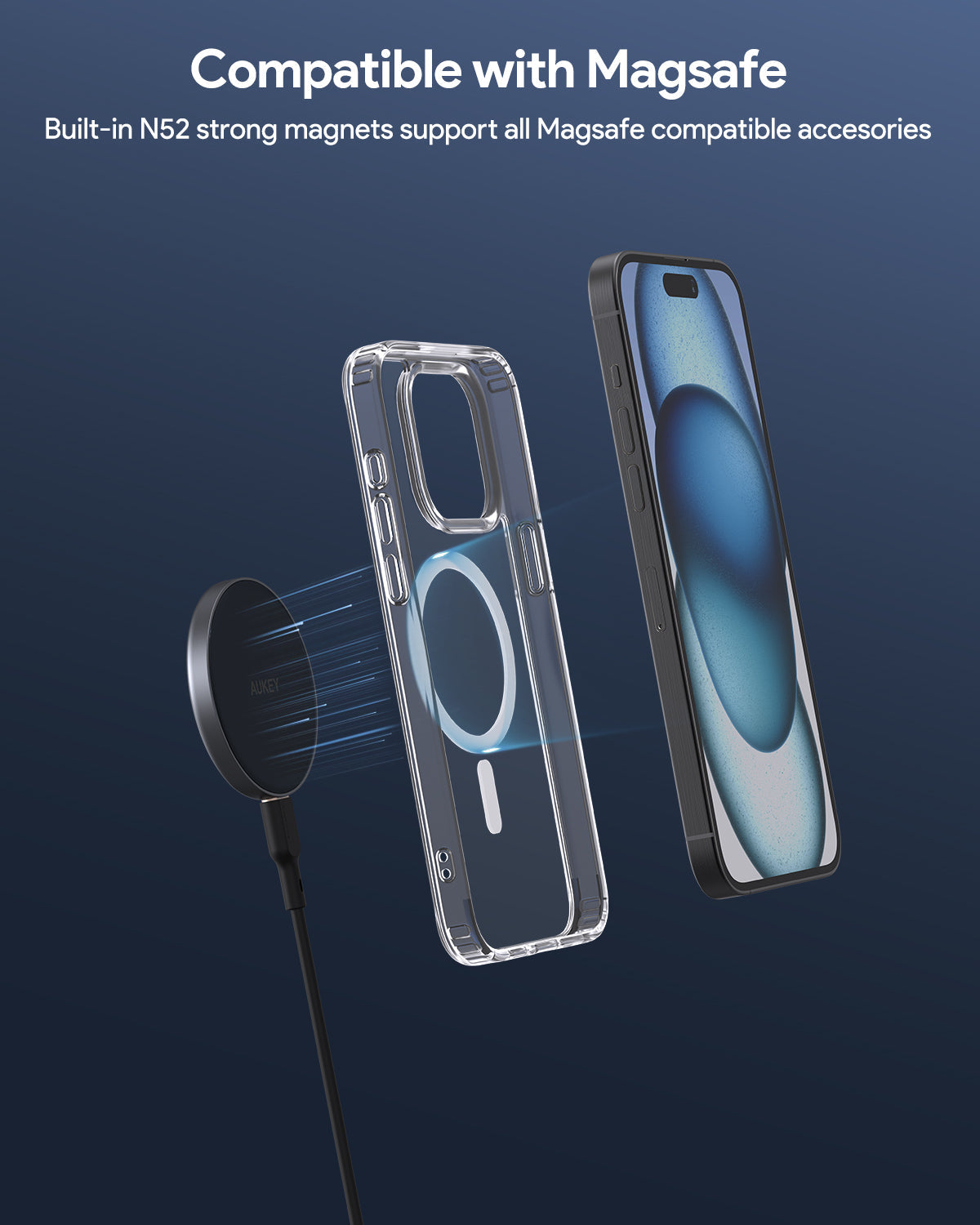 Aukey iPhone 15 Pro Max 6.7-inch Clear View Transparent Magnetic Clear Phone Case Compatible with MagSafe (PC-TM10D)